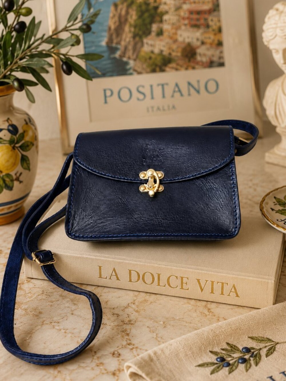NEW Vera Pelle Genuine Italian Leather Navy Blue Purse with Gold Hardware